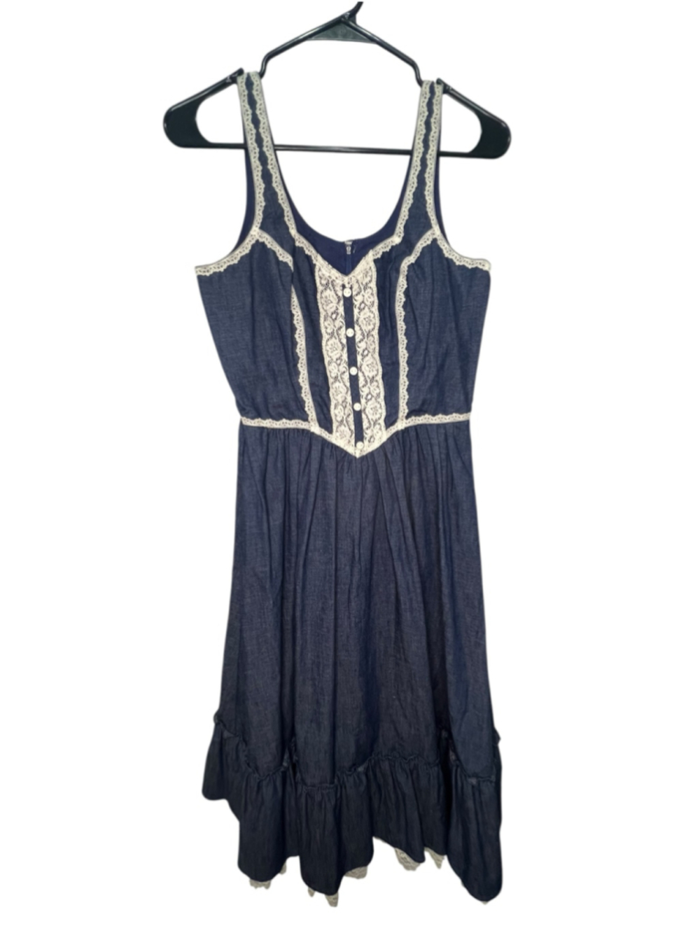 Candi Jones California Vintage Denim And Lace Cottagecore Sleeveless Dress